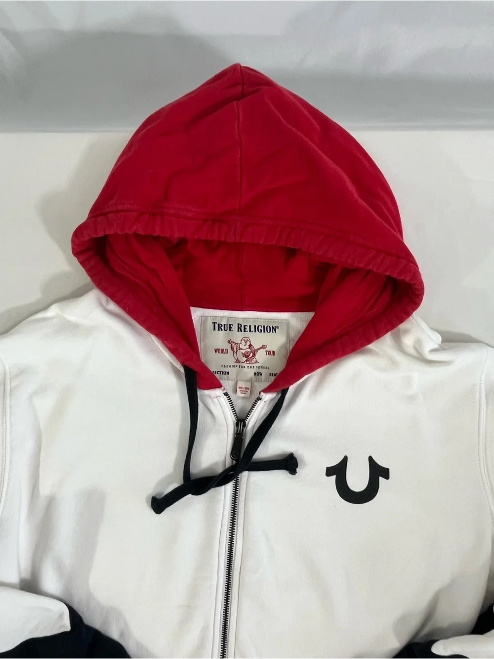 2XL True Religion Chevron Zip Hoodie Red White Black Colorblock Jacket